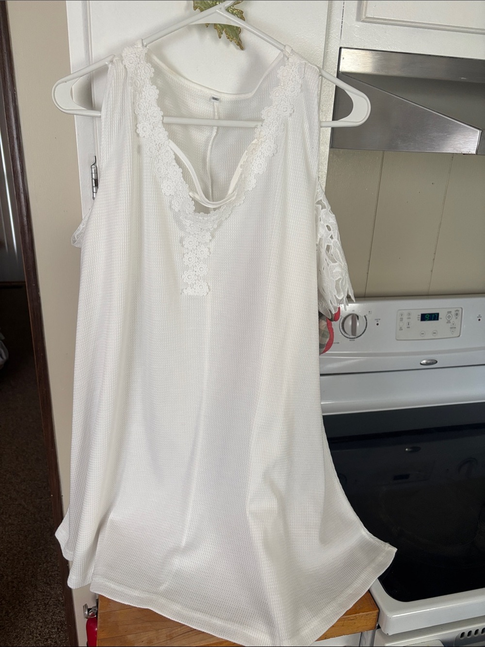 Women's White Lace-Trim Cold Shoulder Short Sleeve Blouse